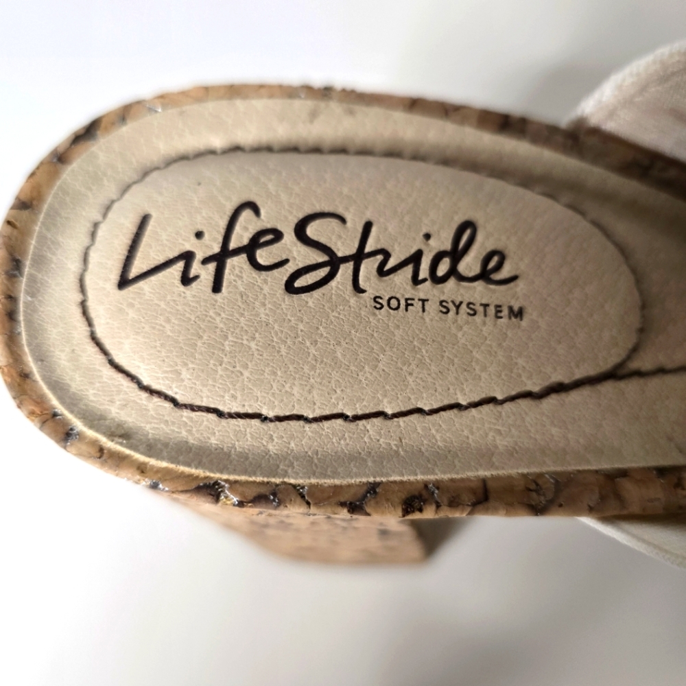 LifeStride Laguna • Size 10 Heels Cream Daisy Cork Heel Mules Opentoe Slides - Picture 6 of 9